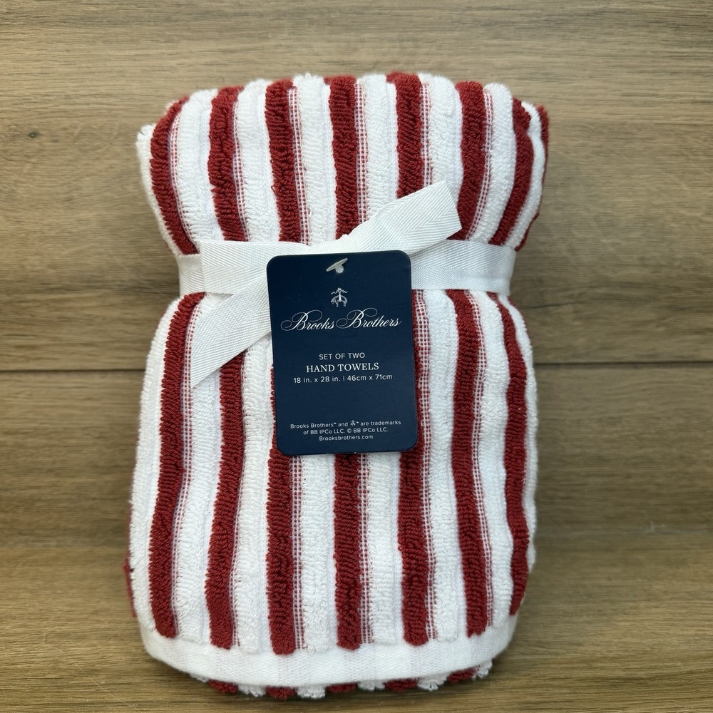 Brooks Brothers Hand Towels White Red Luxury Striped 100% Cotton Set of 2
